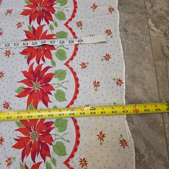 Vintage 50s Cotton Print Tablecloth Christmas poinsettia & Ribbons 63x63" Estate - Picture 6 of 7